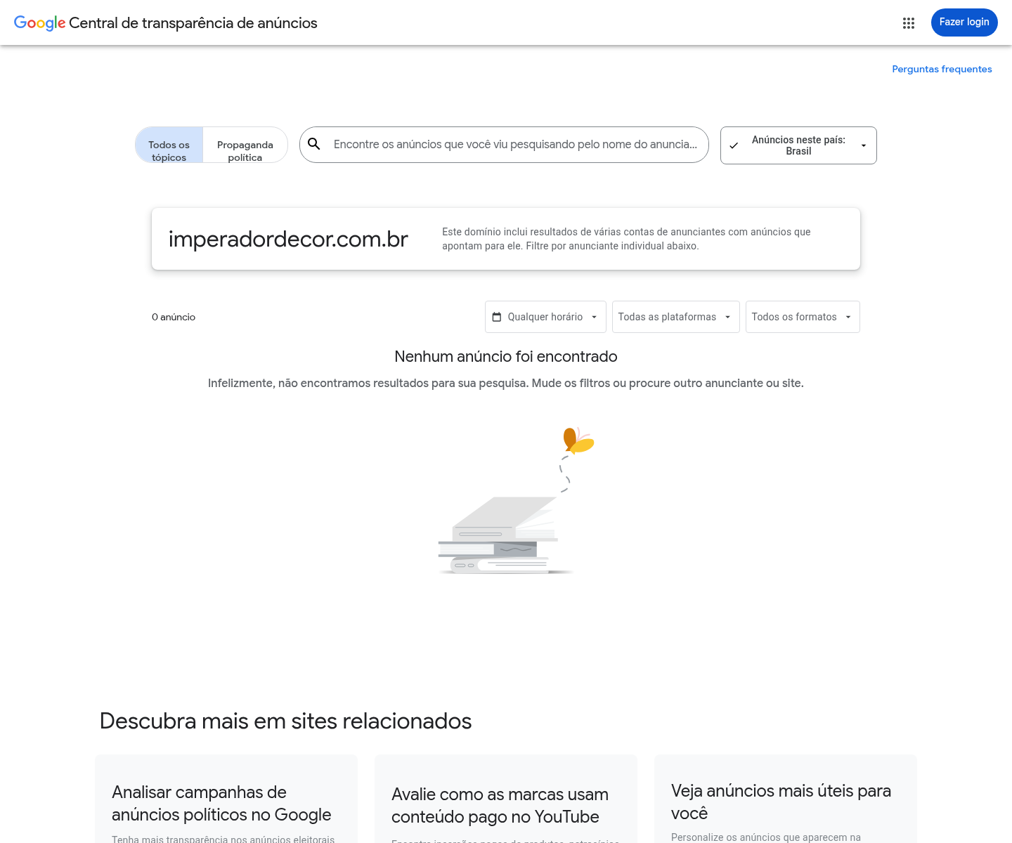 Print do Google Ads Transparency Center sem anúncios para Imperador Decor