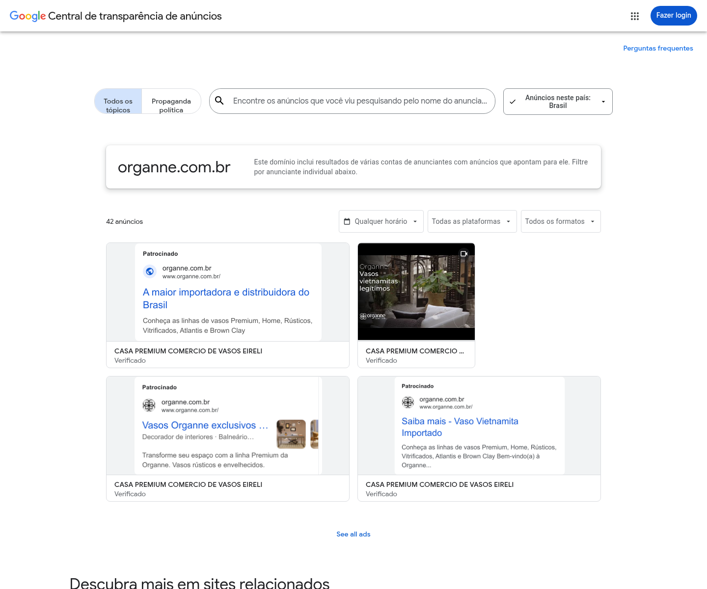 Print do Google Ads Transparency Center para Organne