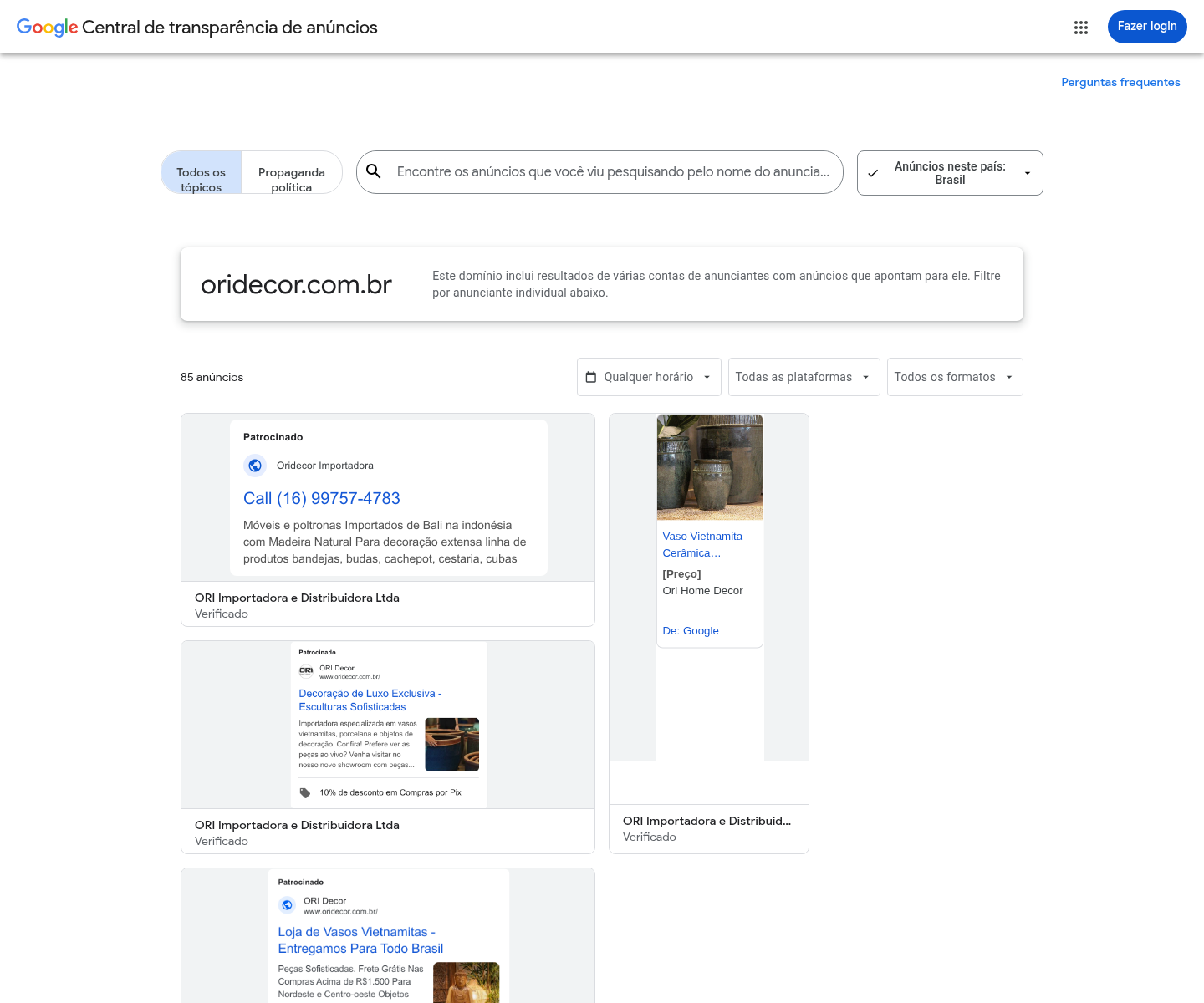 Print do Google Ads Transparency Center para ORI Home Decor