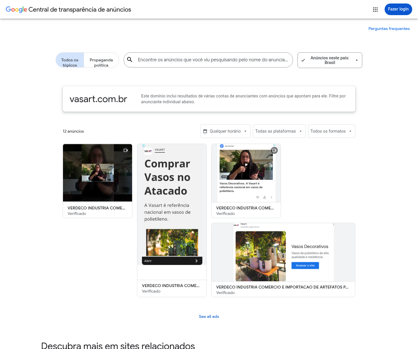 Print do Google Ads Transparency Center para Vasart