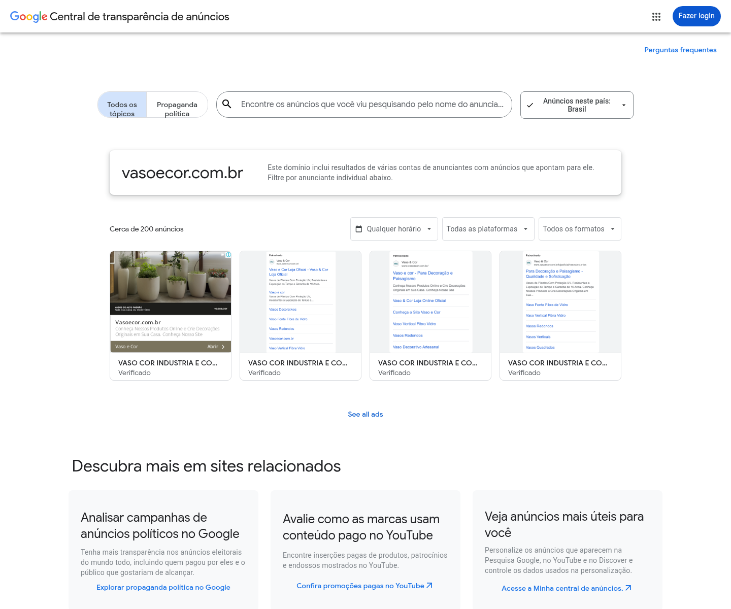 Print do Google Ads Transparency Center para Vaso e Cor