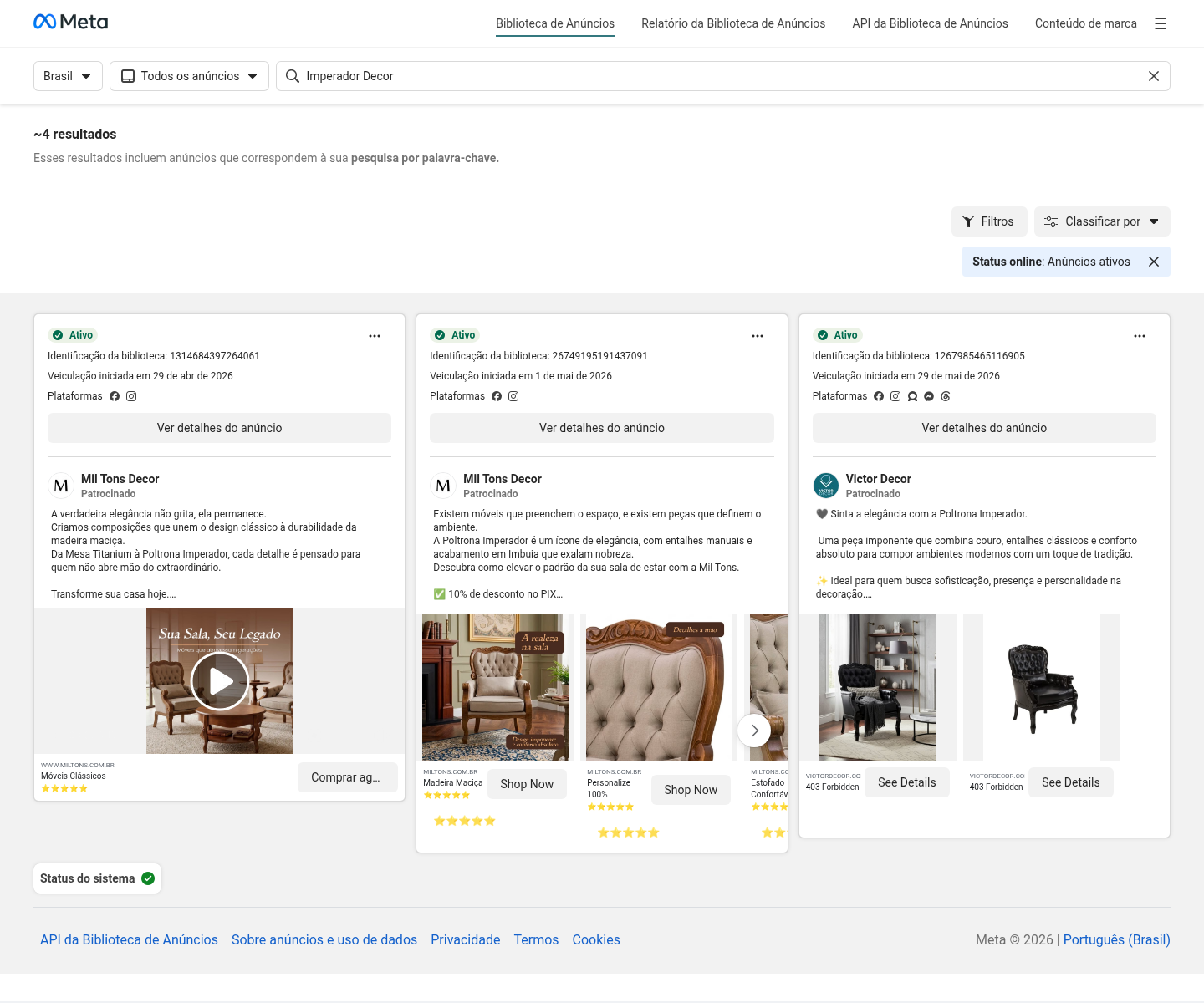 Print da Meta Ads Library com busca por Imperador Decor