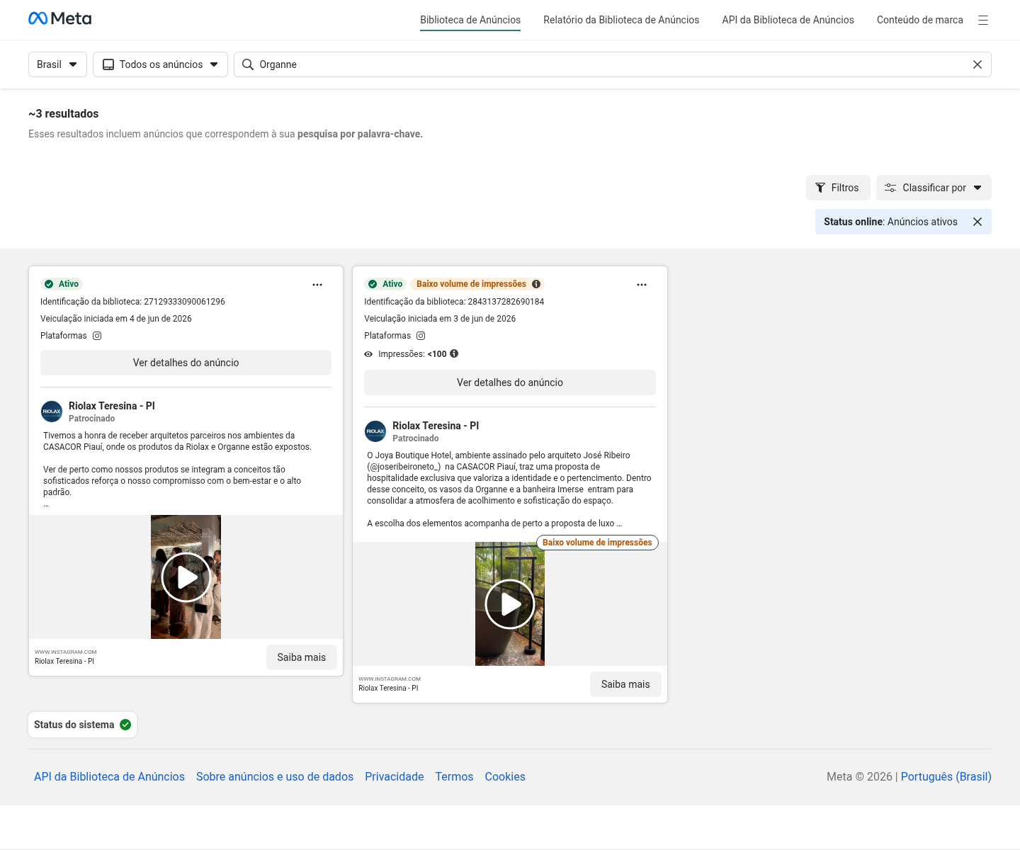 Print da Meta Ads Library com anúncios que citam Organne