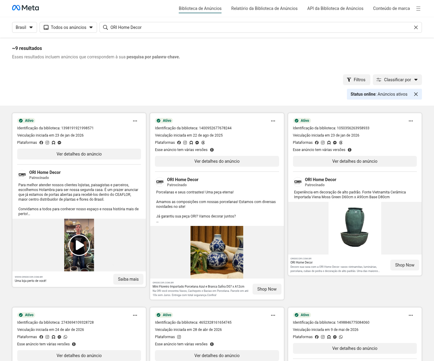 Print da Meta Ads Library para ORI Home Decor