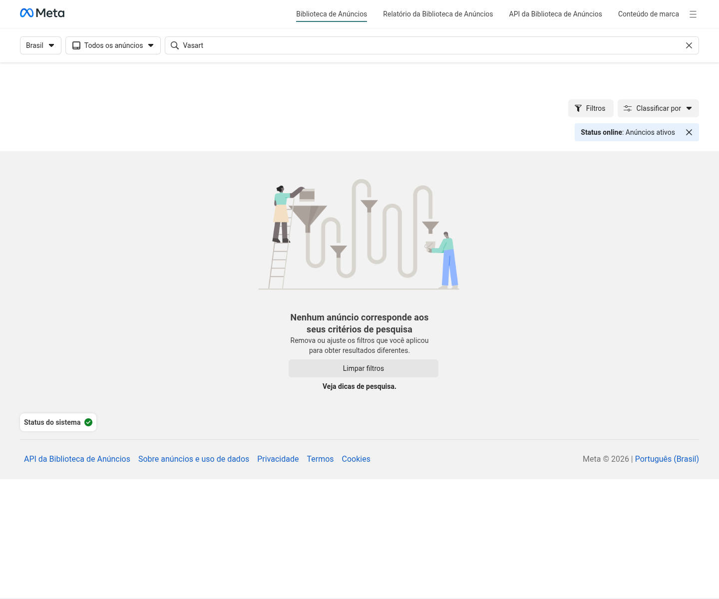 Print da Meta Ads Library sem anúncios ativos para Vasart
