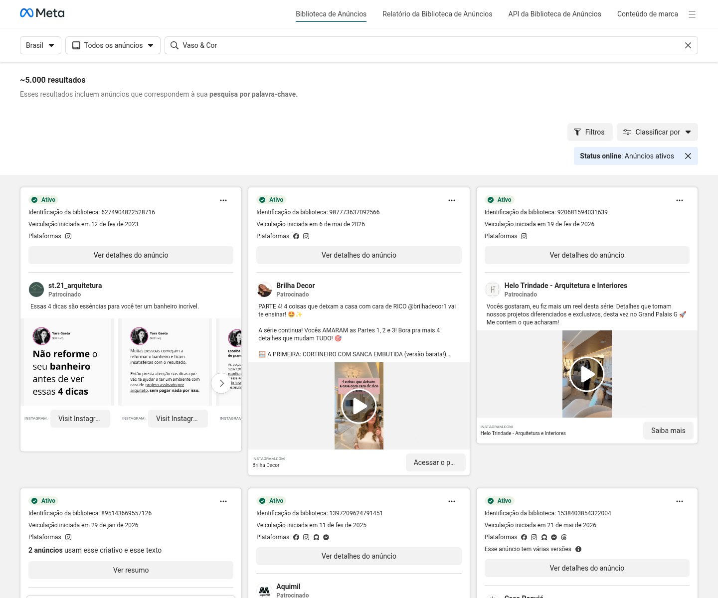 Print da Meta Ads Library com busca ampla por Vaso e Cor